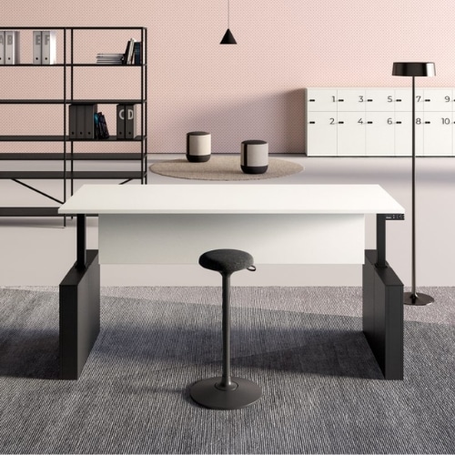 Winglet Electric Height Adjustable Desk shown with a white desktop and black box frames that hide cable management
