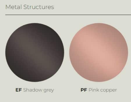 Swatches of the Shadow Grey and Copper metal finishes available in the Meta executive range