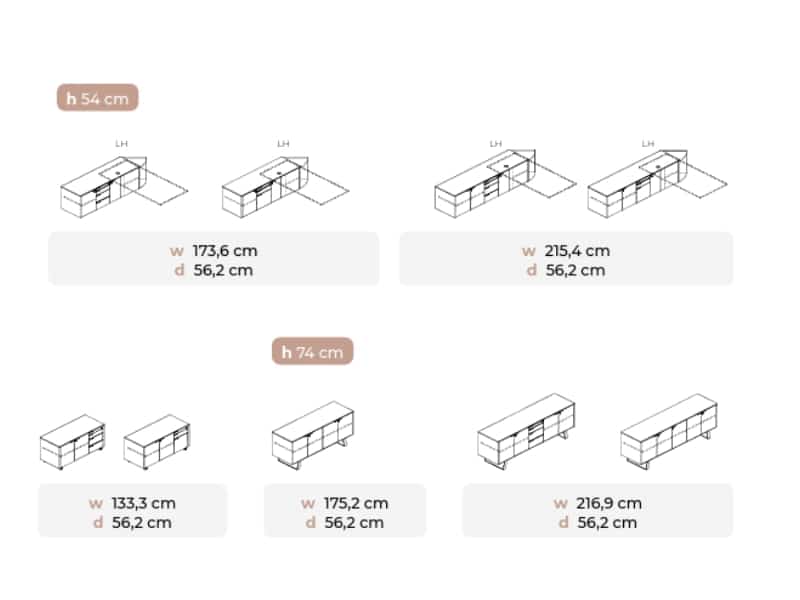 Diagram showing the different configurations and dimensions in the Meta office sideboard range